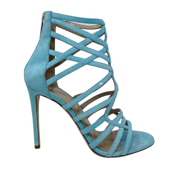 Tamara Mellon aqua/turquoise suede cage strap stiletto sandals size 37.5 US7-7.5 - Picture 11 of 14